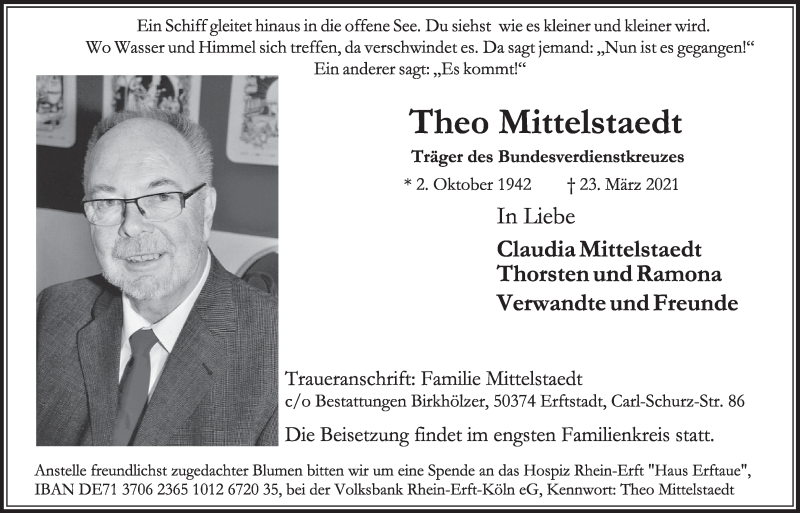  Traueranzeige für Theo Mittelstaedt vom 01.04.2021 aus  Werbepost 