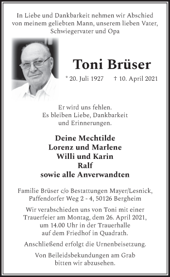 Anzeige von Toni Brüser von  Werbepost 