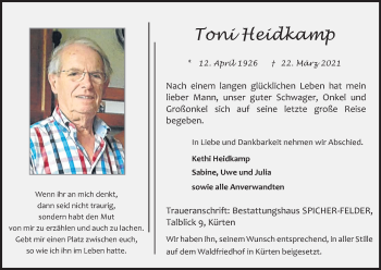 Anzeige von Toni Heidkamp von Kölner Stadt-Anzeiger / Kölnische Rundschau / Express