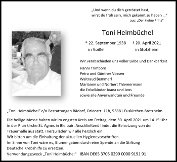 Anzeige von Toni Heimbüchel von Kölner Stadt-Anzeiger / Kölnische Rundschau / Express