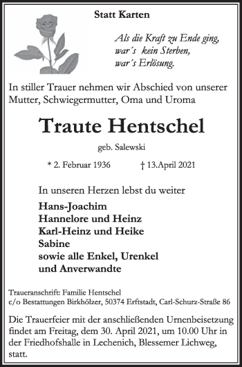 Anzeige von Traute Hentschel von  Werbepost 