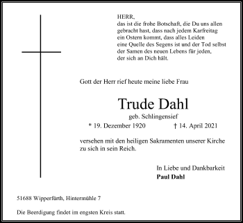 Anzeige von Trude Dahl von Kölner Stadt-Anzeiger / Kölnische Rundschau / Express