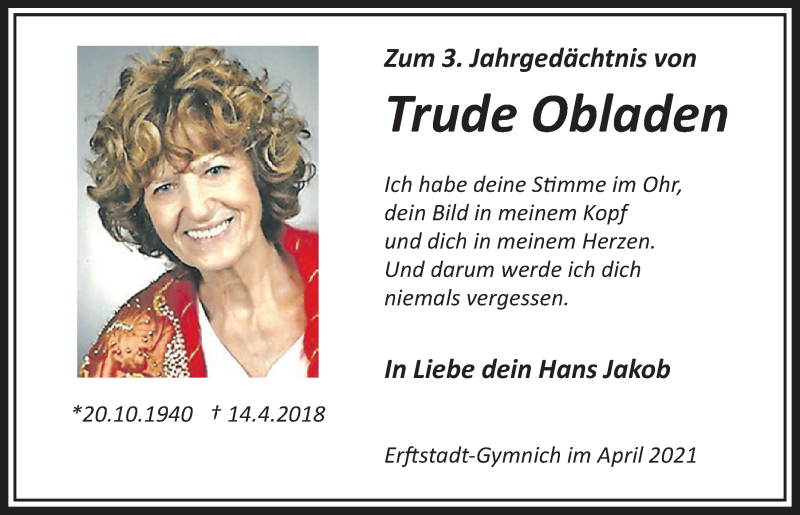  Traueranzeige für Trude Obladen vom 18.07.2023 aus  Werbepost 