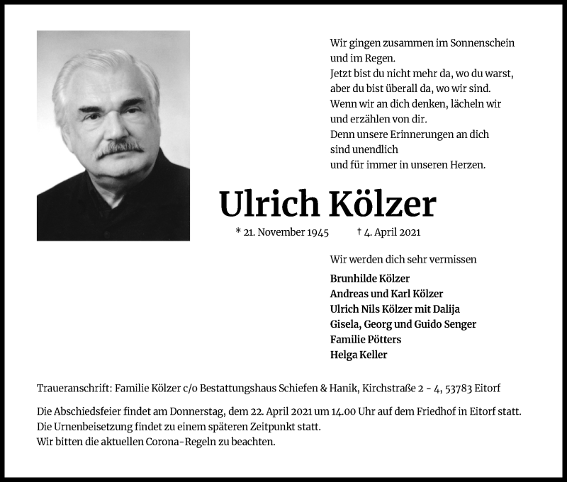  Traueranzeige für Ulrich Kölzer vom 17.04.2021 aus Kölner Stadt-Anzeiger / Kölnische Rundschau / Express