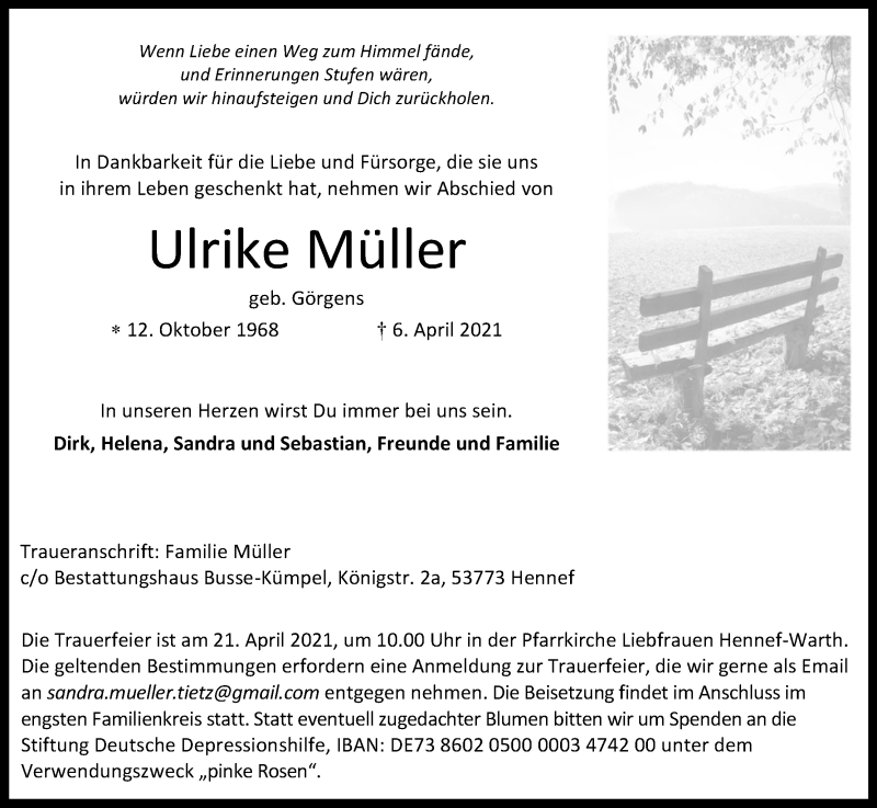  Traueranzeige für Ulrike Müller vom 14.04.2021 aus Kölner Stadt-Anzeiger / Kölnische Rundschau / Express