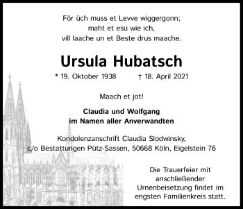 Anzeige von Ursula Hubatsch von Kölner Stadt-Anzeiger / Kölnische Rundschau / Express