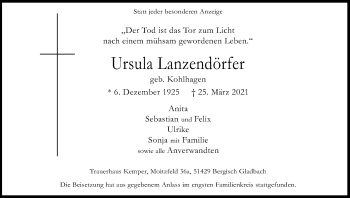 Anzeige von Ursula Lanzendörfer von Kölner Stadt-Anzeiger / Kölnische Rundschau / Express