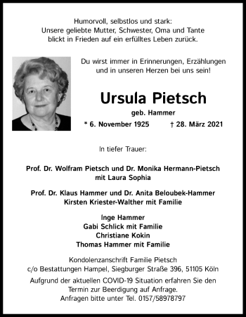 Anzeige von Ursula Pietsch von Kölner Stadt-Anzeiger / Kölnische Rundschau / Express