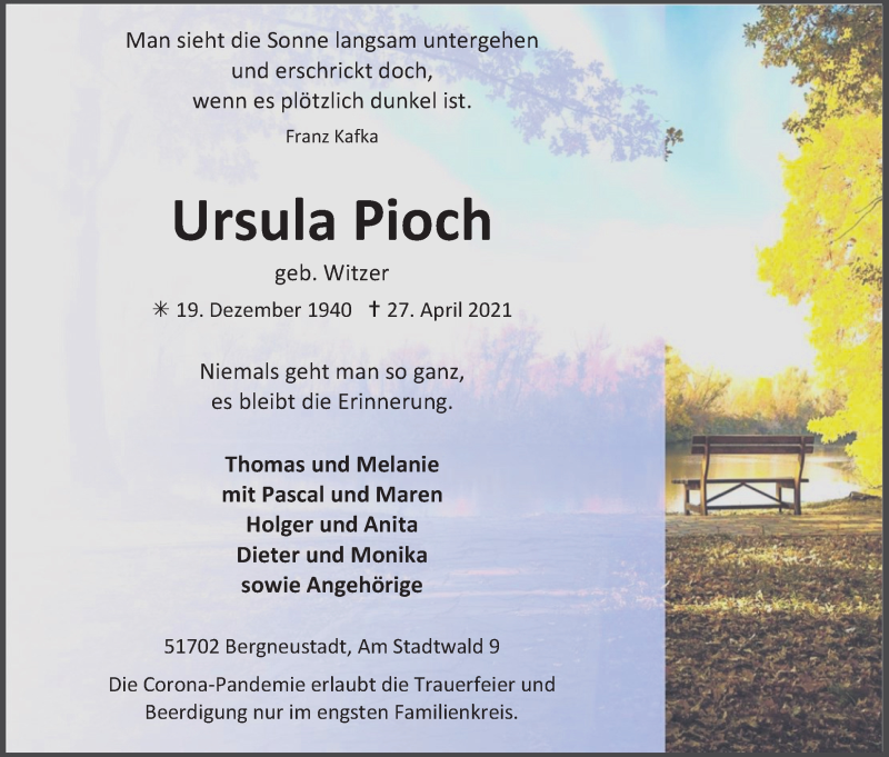  Traueranzeige für Ursula Pioch vom 01.05.2021 aus Kölner Stadt-Anzeiger / Kölnische Rundschau / Express