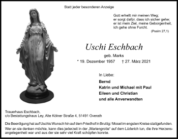 Anzeige von Uschi Eschbach von Kölner Stadt-Anzeiger / Kölnische Rundschau / Express