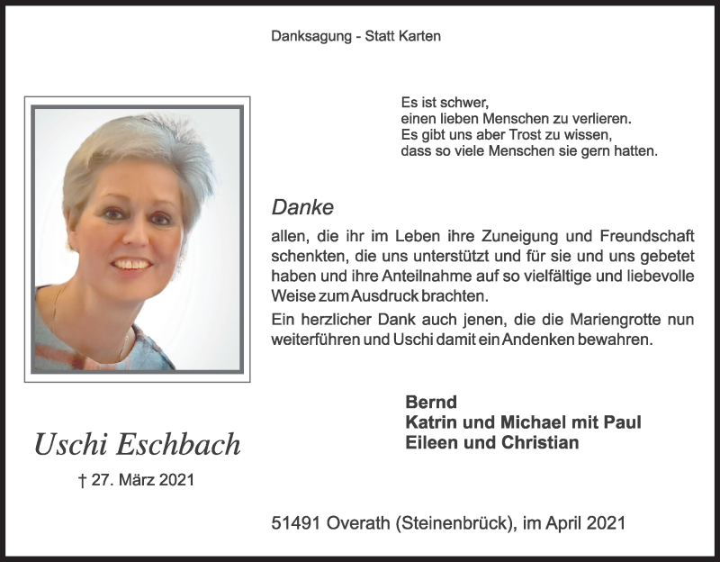  Traueranzeige für Uschi Eschbach vom 24.04.2021 aus Kölner Stadt-Anzeiger / Kölnische Rundschau / Express