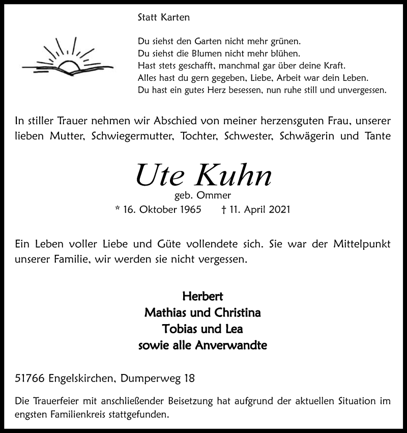  Traueranzeige für Ute Kuhn vom 16.04.2021 aus Kölner Stadt-Anzeiger / Kölnische Rundschau / Express