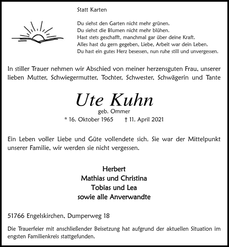  Traueranzeige für Ute Kuhn vom 16.04.2021 aus  Anzeigen Echo 