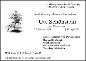Anzeige von Ute Schönstein von Kölner Stadt-Anzeiger / Kölnische Rundschau / Express