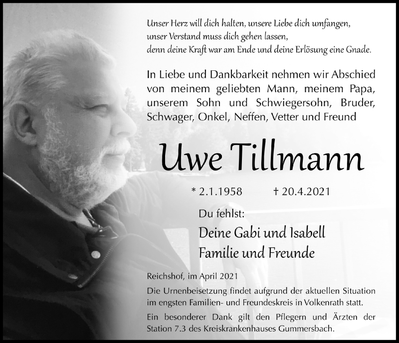  Traueranzeige für Uwe Tillmann vom 29.04.2021 aus  Anzeigen Echo 