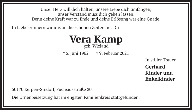  Traueranzeige für Vera Kamp vom 01.04.2021 aus  Werbepost 