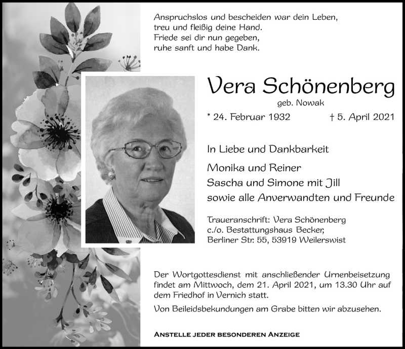  Traueranzeige für Vera SchÃ¶nenberg vom 10.04.2021 aus  Blickpunkt Euskirchen 