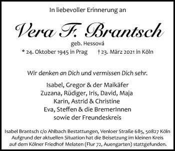 Anzeige von Vera F. Brantsch von Kölner Stadt-Anzeiger / Kölnische Rundschau / Express