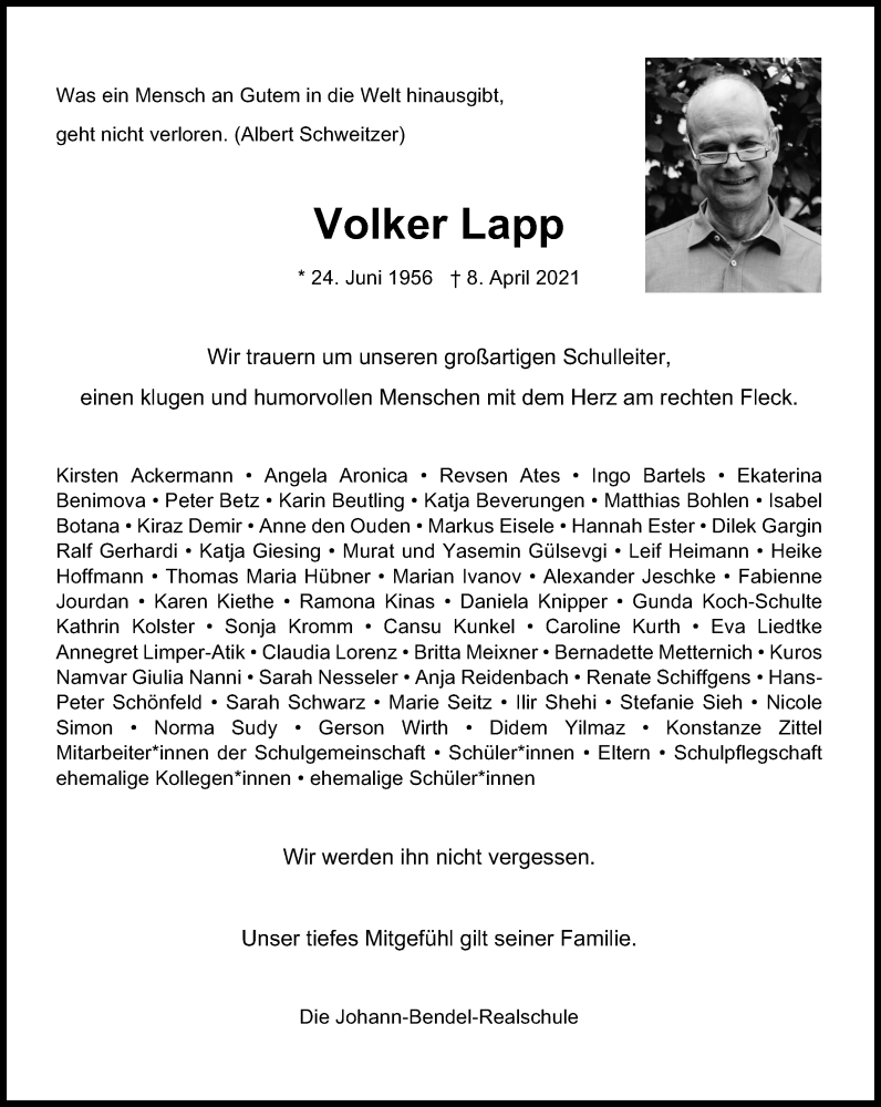  Traueranzeige für Volker Lapp vom 24.04.2021 aus Kölner Stadt-Anzeiger / Kölnische Rundschau / Express