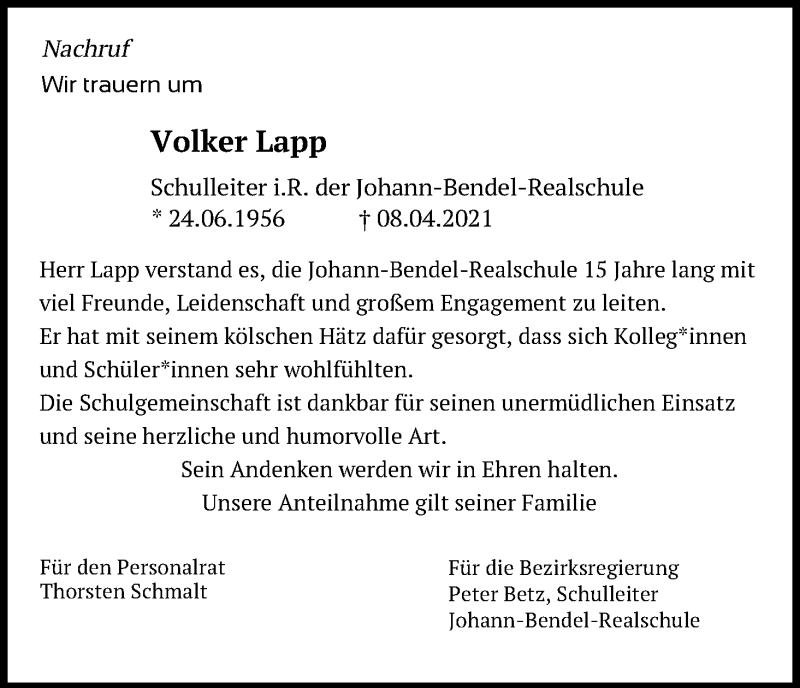  Traueranzeige für Volker Lapp vom 24.04.2021 aus Kölner Stadt-Anzeiger / Kölnische Rundschau / Express