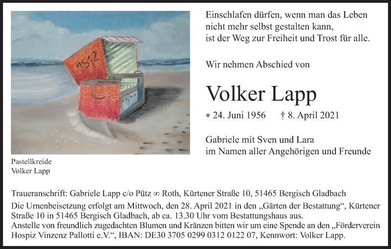  Traueranzeige für Volker Lapp vom 17.04.2021 aus Kölner Stadt-Anzeiger / Kölnische Rundschau / Express