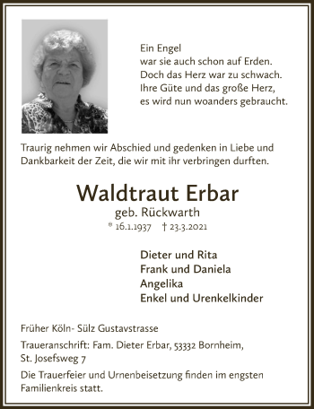 Anzeige von Waldtraut Erbar von  Kölner Wochenspiegel 