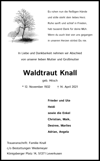 Anzeige von Waldtraut Knall von Kölner Stadt-Anzeiger / Kölnische Rundschau / Express