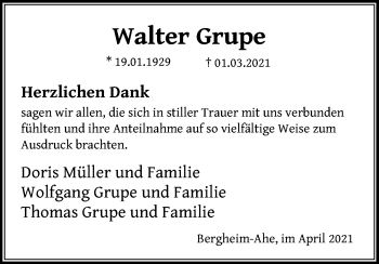 Anzeige von Walter Grupe von Kölner Stadt-Anzeiger / Kölnische Rundschau / Express