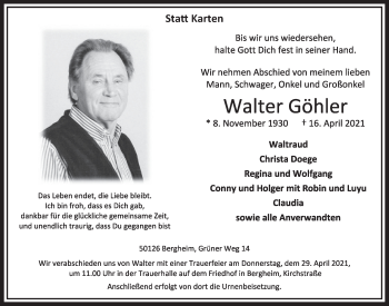 Anzeige von Walter Göhler von  Werbepost 