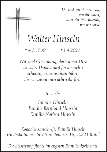 Anzeige von Walter Hinseln von  Schlossbote/Werbekurier 