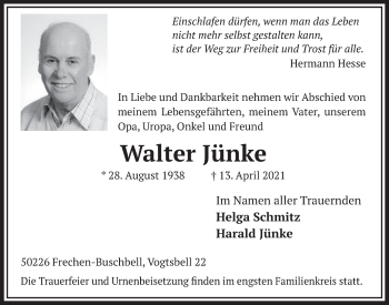 Anzeige von Walter Jünke von  Wochenende 