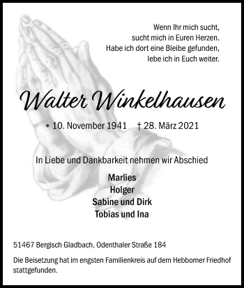 Anzeige von Walter Winkelhausen von Kölner Stadt-Anzeiger / Kölnische Rundschau / Express