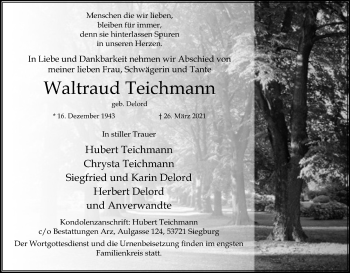 Anzeige von Waltraud Teichmann von Kölner Stadt-Anzeiger / Kölnische Rundschau / Express