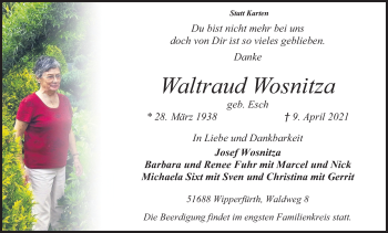 Anzeige von Waltraud Wosnitza von Kölner Stadt-Anzeiger / Kölnische Rundschau / Express