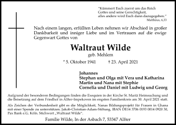 Anzeige von Waltraut Wilde von Kölner Stadt-Anzeiger / Kölnische Rundschau / Express