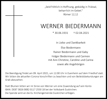Anzeige von Werner Biedermann von Kölner Stadt-Anzeiger / Kölnische Rundschau / Express