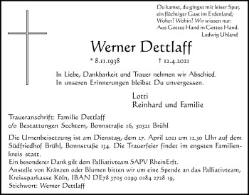 Anzeige von Werner Dettlaff von  Kölner Wochenspiegel  Schlossbote/Werbekurier 