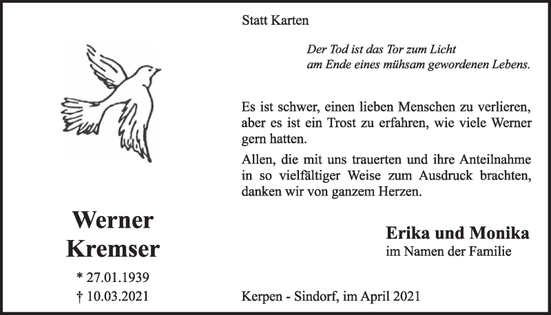  Traueranzeige für Werner Kremser vom 16.04.2021 aus  Werbepost 