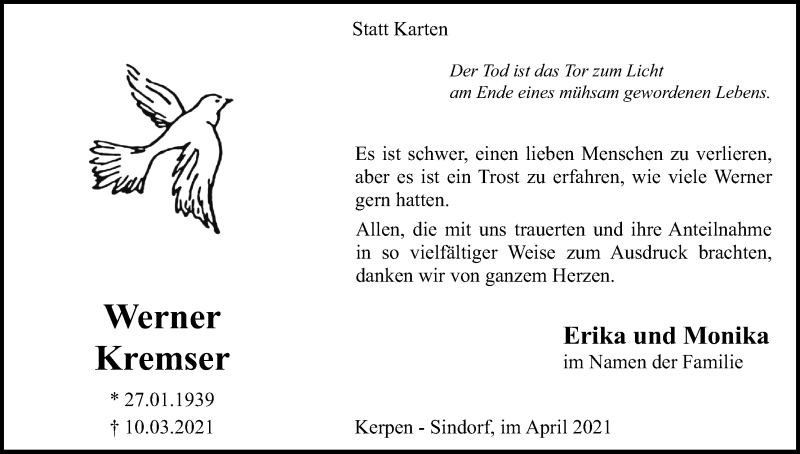  Traueranzeige für Werner Kremser vom 17.04.2021 aus Kölner Stadt-Anzeiger / Kölnische Rundschau / Express