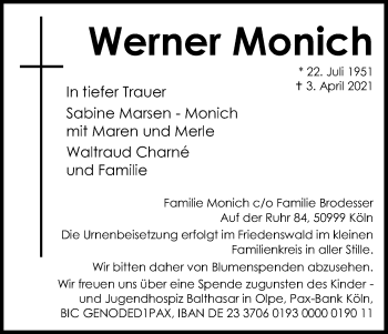 Anzeige von Werner Monich von Kölner Stadt-Anzeiger / Kölnische Rundschau / Express