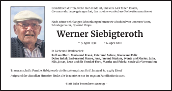 Anzeige von Werner Siebigteroth von Kölner Stadt-Anzeiger / Kölnische Rundschau / Express