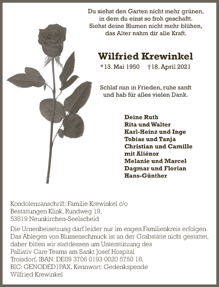  Traueranzeige für Wilfried Krewinkel vom 23.04.2021 aus  Extra Blatt 