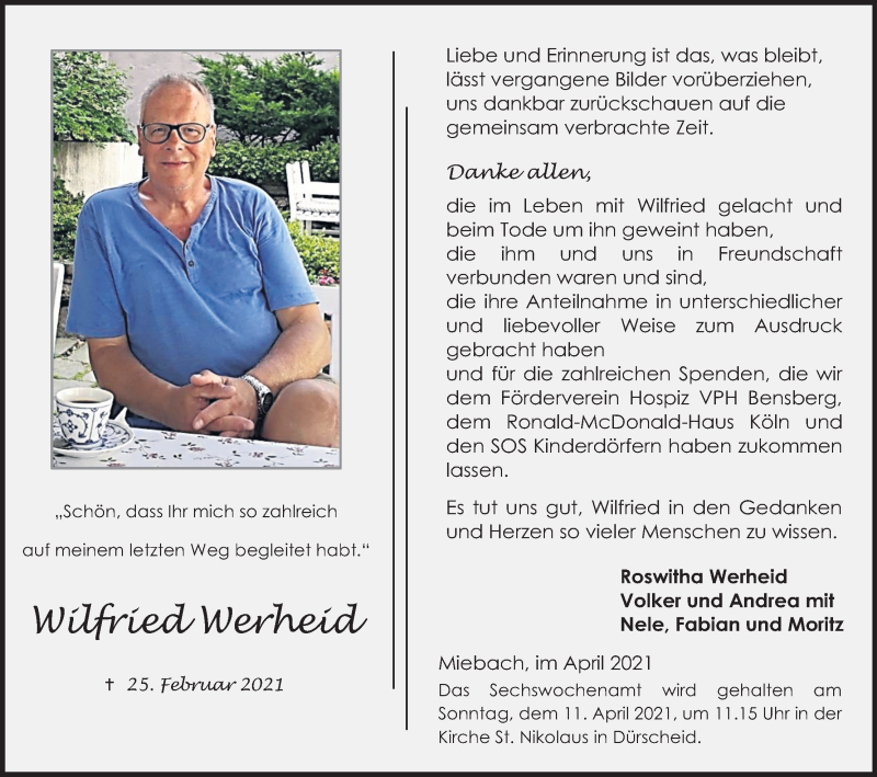  Traueranzeige für Wilfried Werheid vom 03.04.2021 aus Kölner Stadt-Anzeiger / Kölnische Rundschau / Express