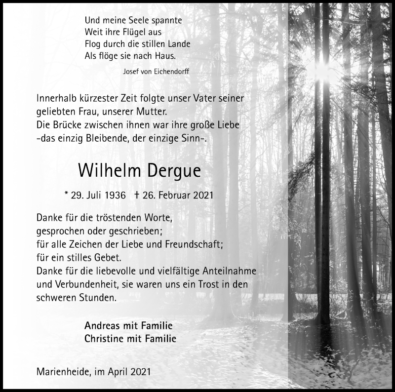  Traueranzeige für Wilhelm Dergue vom 17.04.2021 aus Kölner Stadt-Anzeiger / Kölnische Rundschau / Express