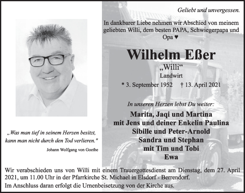  Traueranzeige für Wilhelm Eßer vom 23.04.2021 aus  Werbepost 
