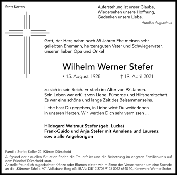 Anzeige von Wilhelm Werner Stefer von Kölner Stadt-Anzeiger / Kölnische Rundschau / Express