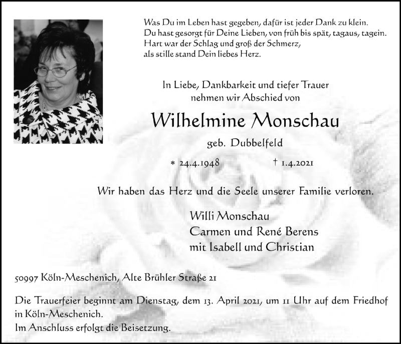  Traueranzeige für Wilhelmine Monschau vom 09.04.2021 aus  Kölner Wochenspiegel  Schlossbote/Werbekurier 