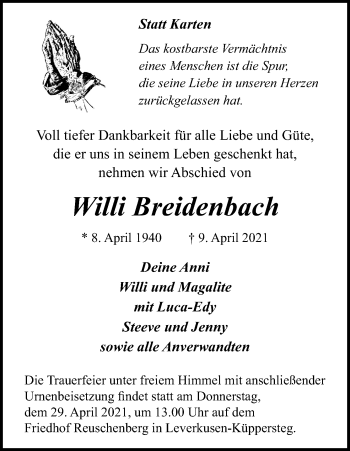 Anzeige von Willi Breidenbach von Kölner Stadt-Anzeiger / Kölnische Rundschau / Express