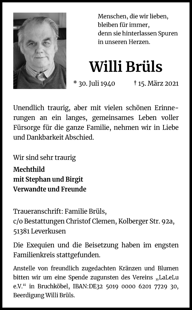  Traueranzeige für Willi Brüls vom 03.04.2021 aus Kölner Stadt-Anzeiger / Kölnische Rundschau / Express
