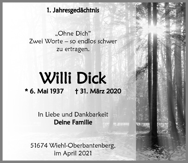  Traueranzeige für Willi Dick vom 01.04.2021 aus  Anzeigen Echo 